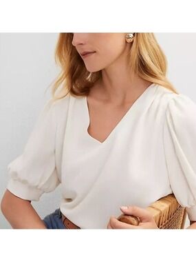 Ann Taylor Cream Puff Sleeve Wrap Blouse